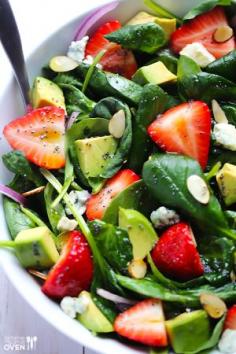 avocado,  strawberry,  and spinach salad with poppy seed dressing