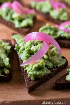 
                    
                        Avocado Rye Canapés - An easy and delicious recipe that is great as an appetizer or a light lunch!  AFamilyFeast.com
                    
                