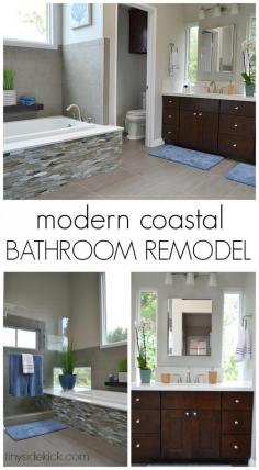 
                    
                        Amazing bathroom renovation! They took this 1980's bathroom and transformed it into a modern coastal master bathroom!
                    
                