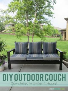 DIY Outdoor Couch - made in under 4 hours! And other DIY projects on this site (like an X leg stool).