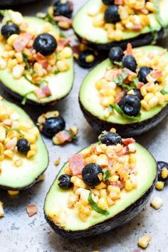 Avocados with Bacon, Corn and Blueberry Salsa #avocados #bacon #appetizer