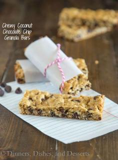 Chewy Coconut Chocolate Chip Granola Bars - chewy granola bars with coconut and chocolate chips.  Sub cassava flour.   Super easy to make, and great to have one hand for snacks, lunches or even breakfasts!