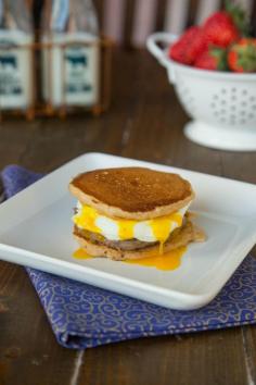 Pancake breakfast sandwiches are brinner – breakfast for dinner! Make them at home using pancakes, sausage, egg, and cheese.