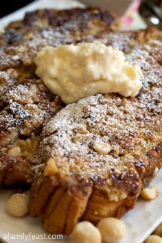 An amazing Hawaiian French Toast with a macadamia crust, topped with a pineapple and mascarpone cheese topping