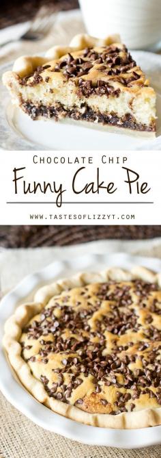 Chocolate Chip Funny Cake Pie is an old recipe that has timeless appeal. Chocolate fudge is topped with a soft, buttery cake and bakes inside a pie shell. Top with ice cream for a delicious pie a la mode.