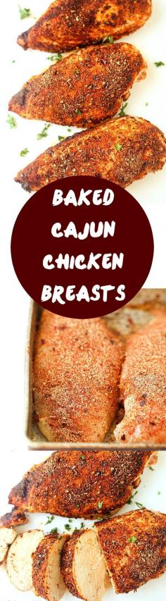 Baked Cajun Chicken Breasts Recipe - The juiciest baked chicken breasts ever! If you love cajun chicken pasta, you are going to LOVE these chicken breasts! Everyone loves chicken recipes, we do!