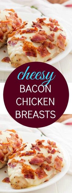 Cheesy Bacon Chicken Breasts - If you are a fan of cheesy bacon potatoes, then you are going to love these chicken breasts! The easiest recipe EVER with only THREE ingredients! Everyone loves delicious chicken recipes.