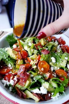 BLT Salad Bowl - Lettuce, tomato, bacon, avocado, dressing with olive oil, balsamic vinegar, lemon, mustard