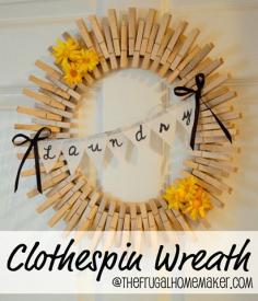 Clothespin wreath.  Cute idea for a laundry room door!