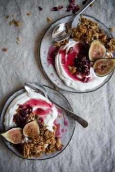 fig, rose  almond granola parfaits ~ two red bowls