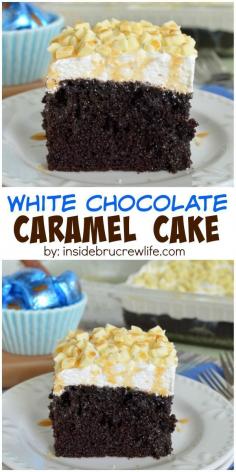 Chocolate, caramel, and candy bars make this cake an amazing dessert!