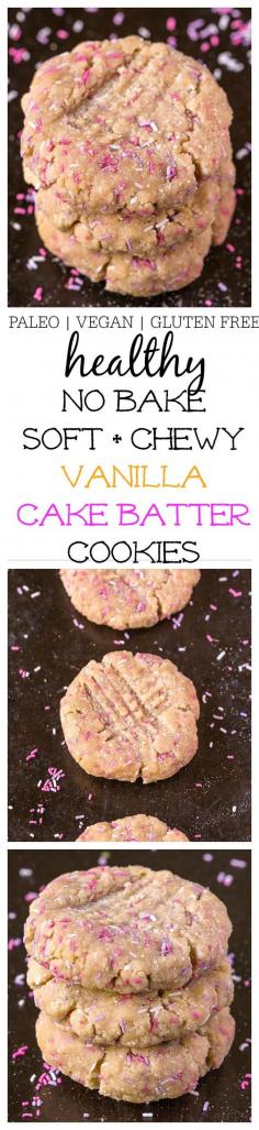 Healthy No Bake Vanilla Cake Batter Cookies- Soft, chewy and just like fudge, this healthy cake batter cookies are ready in TEN minutes flat!