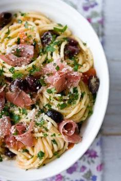 Prosciutto , tomato & olive pasta- a simple but delicious pasta dish that can be made gluten free by using your favorite gluten-free brand of pasta (like Tinkyada.)