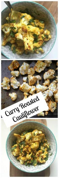 (Swap Olive for coconut oil) Curry Roasted Cauliflower: Curry Roasted Cauliflower is roasted with olive oil, curry and red pepper and topped with fresh cilantro to create a tender, flavorful side dish // A Cedar Spoon