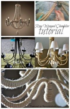 Diy rope chandelier.... Could use this for other lamps too...