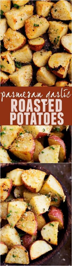 These Parmesan Garlic Potatoes are full of amazing flavor and roasted to perfection!   My 13 year old son made these and they were good and crispy outside, creamy inside. I used little creamer potatoes cut in half.