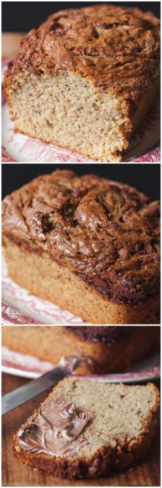 Nutella Crust Banana Bread - The incredible texture and flavor comes from 5 bananas and only 1/2 cup of butter for this mega loaf!