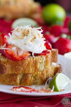 Strawberry Lime Shortcakes with Coconut Cream - Slices of perfect sour cream pound cake are topped with strawberries soaked in a lime syrup and a light coconut cream in this perfect summertime dessert.