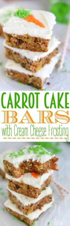 The incredible taste of your favorite carrot cake but in bar form! These Carrot Cake Bars with Cream Cheese Frosting are as easy as 1-2-3 and disappear just that quickly! | MomOnTimeout.com