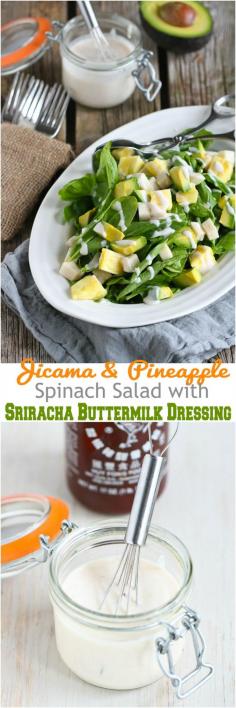 
                    
                        Jicama and Pineapple Spinach Salad with Sriracha Buttermilk Dressing...94 calories and 2 Weight Watchers PP for a great side salad! | cookincanuck.com #healthy #vegetarian #recipe
                    
                