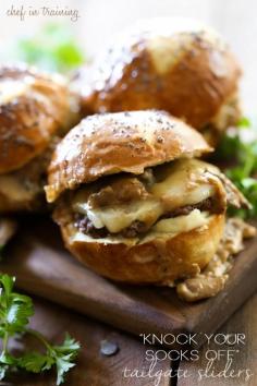 "Knock Your Socks Off" Tailgate Sliders #recipe with Pretzel Buns, Homemade Mushroom Sauce, Ground Beef, Pepper Jack Cheese