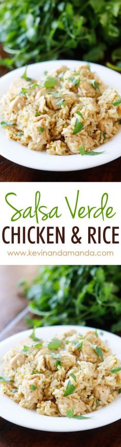 So easy! Only four ingredients. Chicken, rice, salsa verde, and chicken broth. All cooks in one pot! Perfect for a quick and easy weeknight meal with easy cleanup.