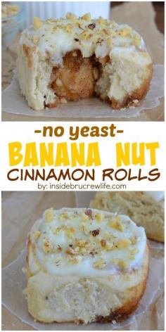 Banana Nut Cinnamon Rolls - These easy NO YEAST cinnamon rolls are made with banana and nuts and can be on your breakfast table in 45 minutes!