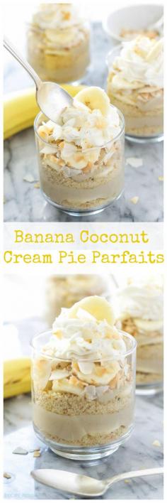 
                    
                        Banana Coconut Cream Pie Parfaits | 2 flavors of pie combined into one delicious and gluten-free parfait!
                    
                