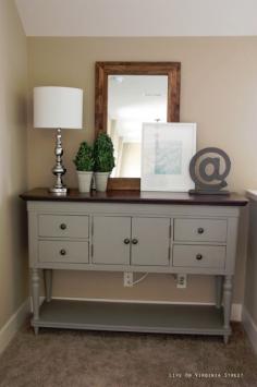Easy furniture makeover using Annie Sloan Chalk Paint in French Linen - Possible color pallet (warm cocoa walls, grey painted furniture, blue accents). #furniture #makeover by Sally-me