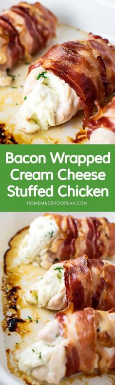Bacon Wrapped Cream Cheese Stuffed Chicken! Tender chicken breast stuffed with cream cheese and chives wrapped tightly within crispy bacon.
