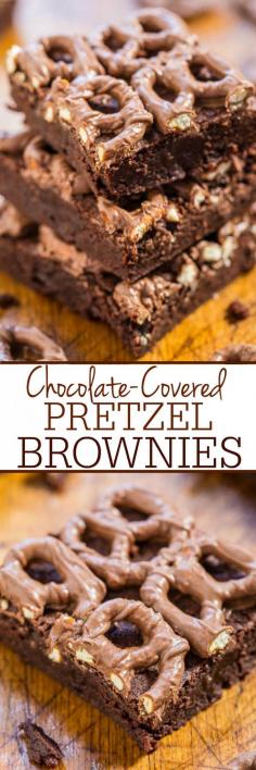 Chocolate-Covered Pretzel Brownies - Fudgy, not at all cakey, so easy, and topped with chocolate-covered pretzels!! Salty-and-sweet treats a...