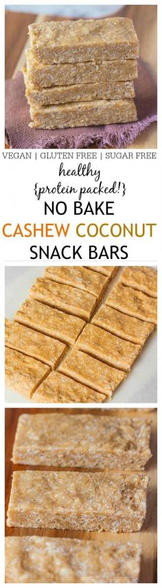 Healthy No Bake Cashew Coconut Protein Bars- A healthy, delicious, no bake protein bar which uses 1 bowl and takes 5 minutes- No food processor necessary! Perfect for on the go snacking and suitable for those following a gluten free, dairy free or vegan diet! @thebigmansworld - thebigmansworld.com