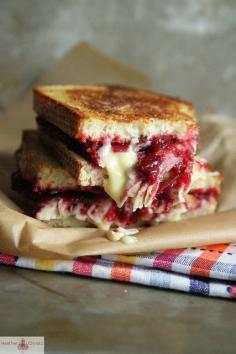Roast Turkey, Blue Brie and Cranberry Chutney Grilled Cheese. Perfect for Thanksgiving leftovers