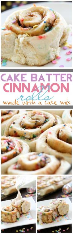 Cake Batter Cinnamon Rolls {Made with a Cake Mix!} on chef-in-training.com ...These could be the easiest and most delicious cinnamon rolls ever! #recipe #dessert great idea for a kid's birthday breakfast.