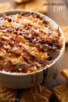 Samoa Dip... Inspired by the favorite girl scout cookie, this dip is packed with caramel, coconut, chocolate goodness and made into one creamy, addicting and delicious dessert dip!