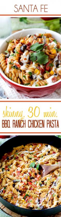Family Favorite 30 minute Santa Fe BBQ Ranch Chicken Pasta will have your family begging for thirds with its Mexican infused SKINNY creamy ranch cheese sauce and tender oven baked barbecue chicken.