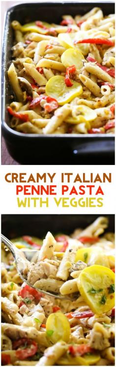 Creamy Italian Penne Pasta with Vegetables.  This will be one of THE BEST pasta dishes you ever make in your entire life.  The flavor is unbelievably delicious.