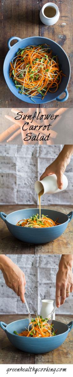 
                    
                        A recipe for a gorgeous-looking Sunflower Carrot Salad with sunflower seed sprouts and a sunflower seed butter and sunflower seed oil dressing.
                    
                