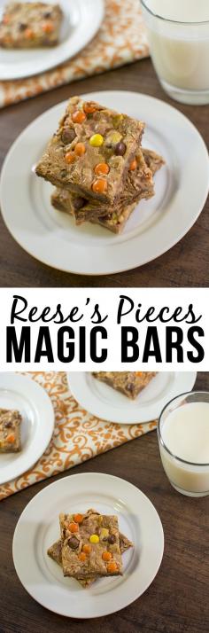 These Reese's Pieces Magic Bars are the amazing combo of peanut butter chocolate and sweetened condensed milk in a delicious bar form. For Dave!