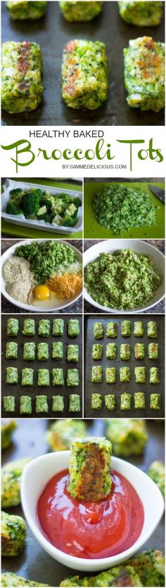 Healthy Broccoli Tots! INGREDIENTS 2 cups uncooked or frozen broccoli 1 egg ¼ cup diced yellow onion ⅓ cup cheddar cheese ⅓ cup panko breadcrumbs ⅓ cup Italian breadcrumbs 2 tablespoons parsley 1 tsp salt 1 tsp pepper INSTRUCTIONS Combine finely chopped broccoli with all other ingredients. Form into tots. Bake 20 minutes at 400 degrees, flipping half way. Serve with favorite dipping sauce. Healthy and easy side for dinner tonight!