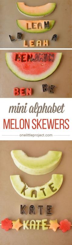 These mini alphabet melon skewers are a fun and healthy snack idea! Cut out the letters from fresh fruit and slide them onto a skewer!