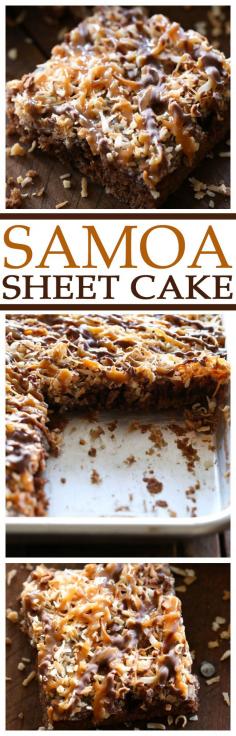 Samoa Sheet Cake... this has been deemed one of Chef in Trainings Top 5 favorite recipes on her blog! It is one of the best desserts you will ever taste! #dessert #recipe #sweet #easy #recipes
