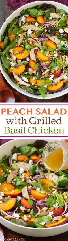 
                    
                        Peach Salad with Grilled Basil Chicken and White Balsamic-Honey Vinaigrette - this salad is INCREDIBLE!! One of my favorite summer salads! Spring greens, garlic-basil marinated chicken, peaches, corn, goat cheese, pecans, red onion and a white balsamic dressing.
                    
                