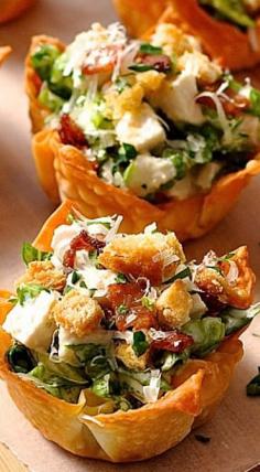 Caesar Salad Wonton Cups:  what a fun idea, and perfect for catering.