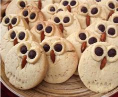 Owl cookies! Plain sugar cookies with extra small circles, chocolate chips and an almond. baking party!!!