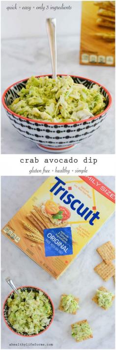 Crab Avocado Dip recipe has only three ingredients, is super quick to assemble and is loaded with flavor, and healthy protein. Gluten Free and Healthy made with @Triscuit Original Crackers - A Healthy Life For Me