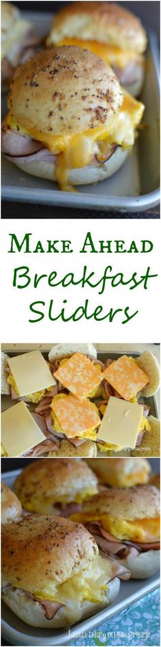 Make Ahead Breakfast Sliders all slathered in melted mustard butter, packed with gooey melted cheese sandwiched between a toasty roll is irresistible! I love make ahead breakfast that’s can easily be package for an on the go breakfast too! #brunch #breakfast #recipe #ideas #recipes