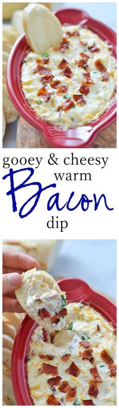 This Gooey and Cheesy Warm Bacon Dip comes together in less than 30 minutes and is the perfect crowd-pleasing appetizer! Tailgating recipes