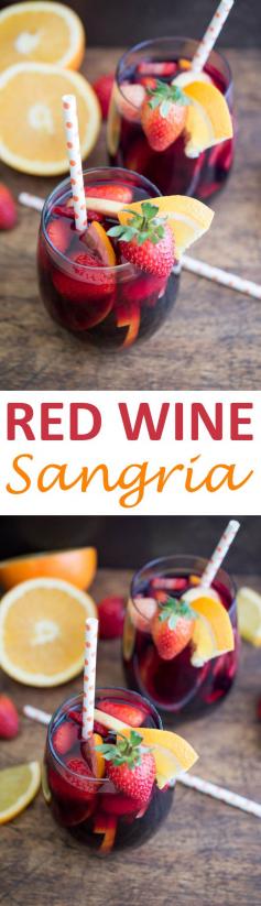 Simple and Fruity Red Wine Sangria. Made with fresh fruit, red wine, brandy and pomegranate juice. Perfect Fall or Winter cocktail. | chefsavvy.com #recipe #red #wine #sangria #fruit #summer