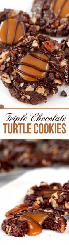 Soft Triple Chocolate Turtle Cookies rolled in mini chocolate chips and pecans then filled with creamy, silky caramel and drizzled with chocolate. AKA heaven. #turtlecookies #pecancookies #chocolatecookies #caramelcookies